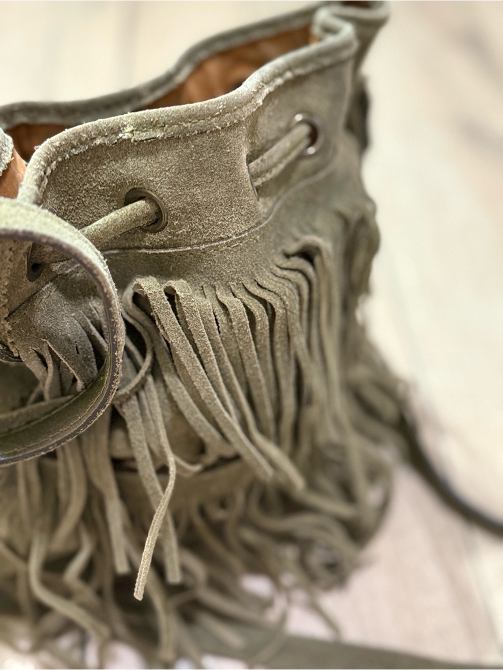 Patricia Nash Crossbody Boho Suede Fringe Bucket Bag Olive Green - Picture 7 of 16